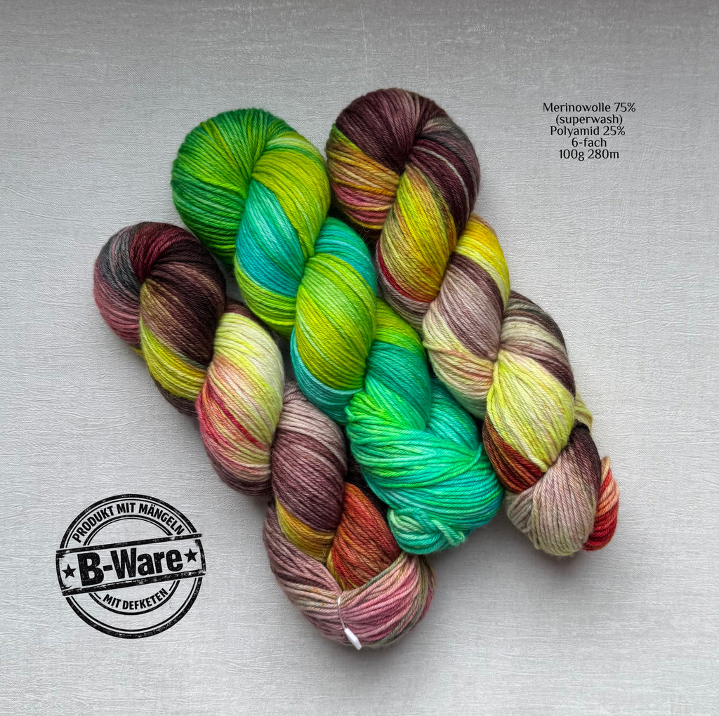 B-Ware-Set
Handgefärbte Merino Sockenwolle 100g, 6-fach